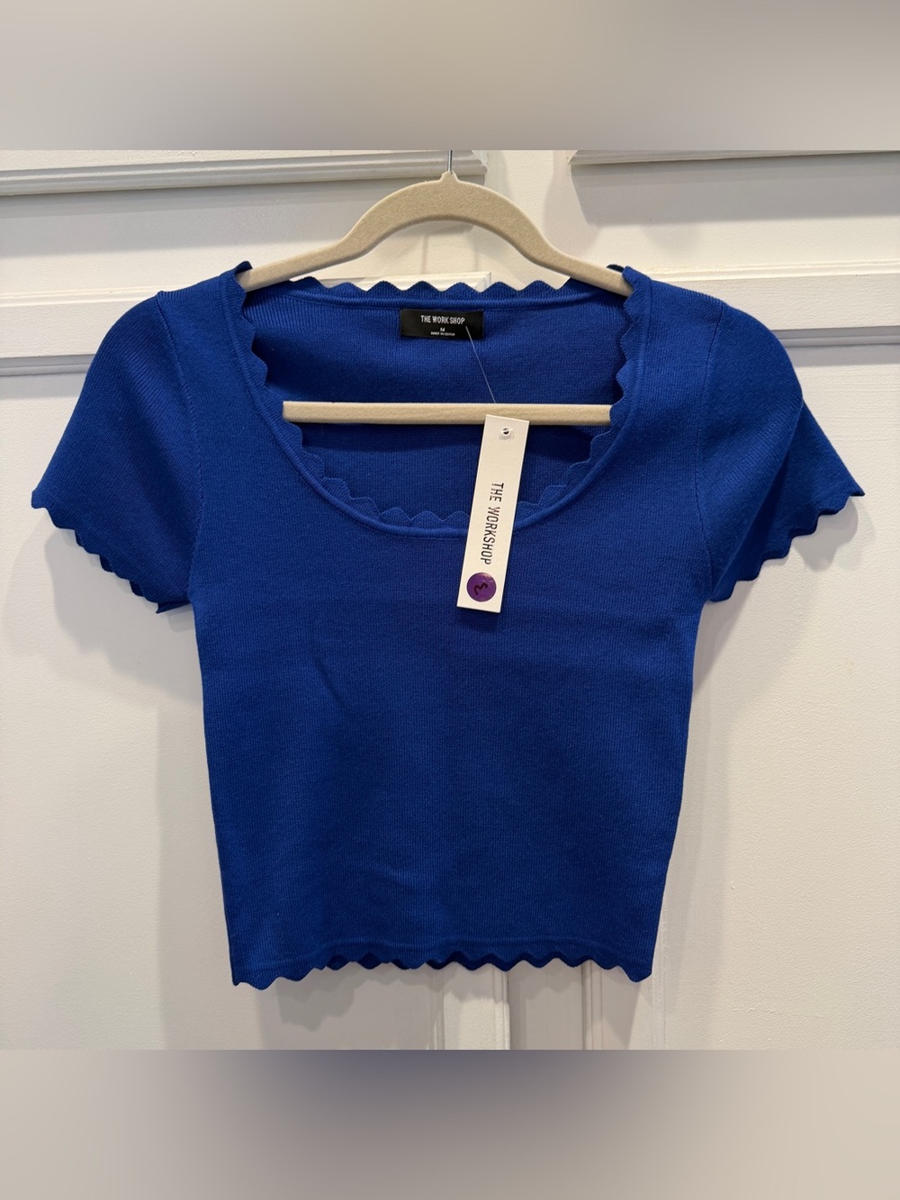 The Work Shop Womens Blue Ribbed Scalloped Trim Scoop Neck Short Sleeve Top M